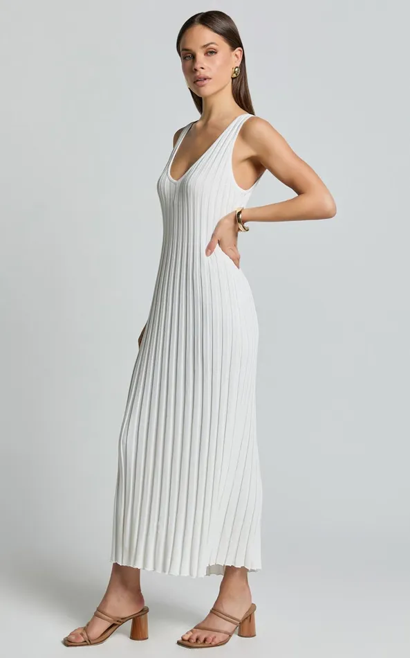 Showpo Maya Midi Knit Dress 8211 Sleeveless V Neck Knited Dress In White Women Dresses