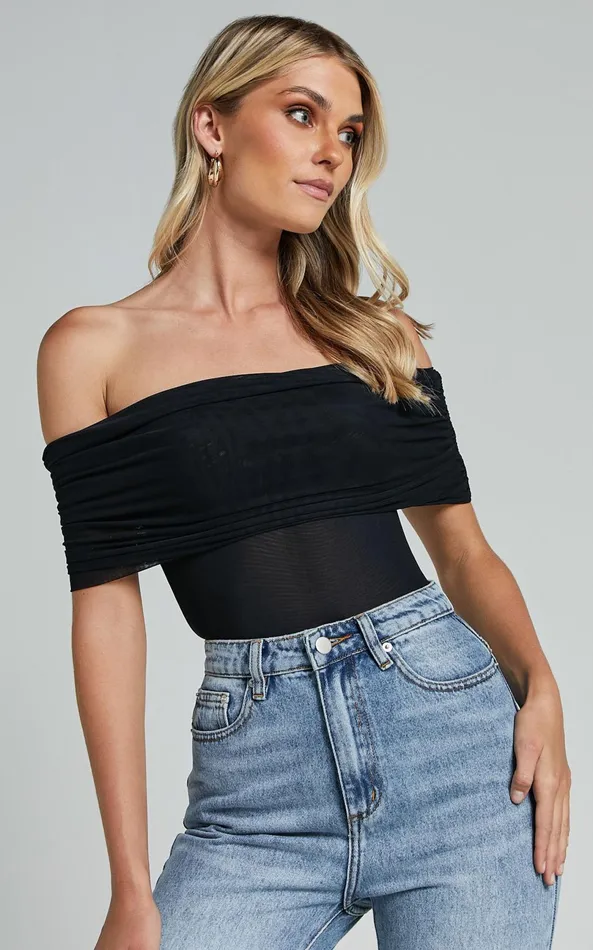 Showpo Maylene Bodysuit 8211 Ruched Off The Shoulder Mesh Bodysuit In Black Women Tops Showpo Maylene Bodysuit 8211 Ruched Off The Shoulder Mesh Bodysuit In Black Women Tops