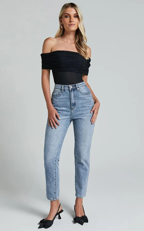 Showpo Maylene Bodysuit 8211 Ruched Off The Shoulder Mesh Bodysuit In Black Women Tops