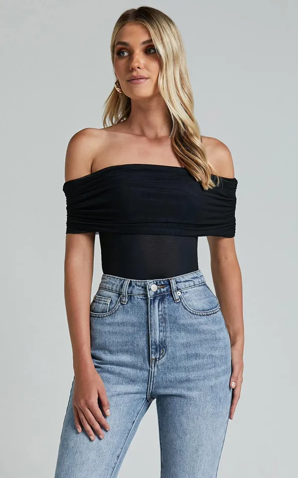 Showpo Maylene Bodysuit 8211 Ruched Off The Shoulder Mesh Bodysuit In Black Women Tops