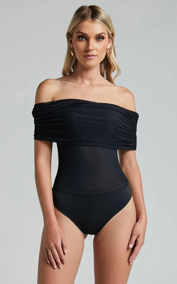 Showpo Maylene Bodysuit 8211 Ruched Off The Shoulder Mesh Bodysuit In Black Women Tops