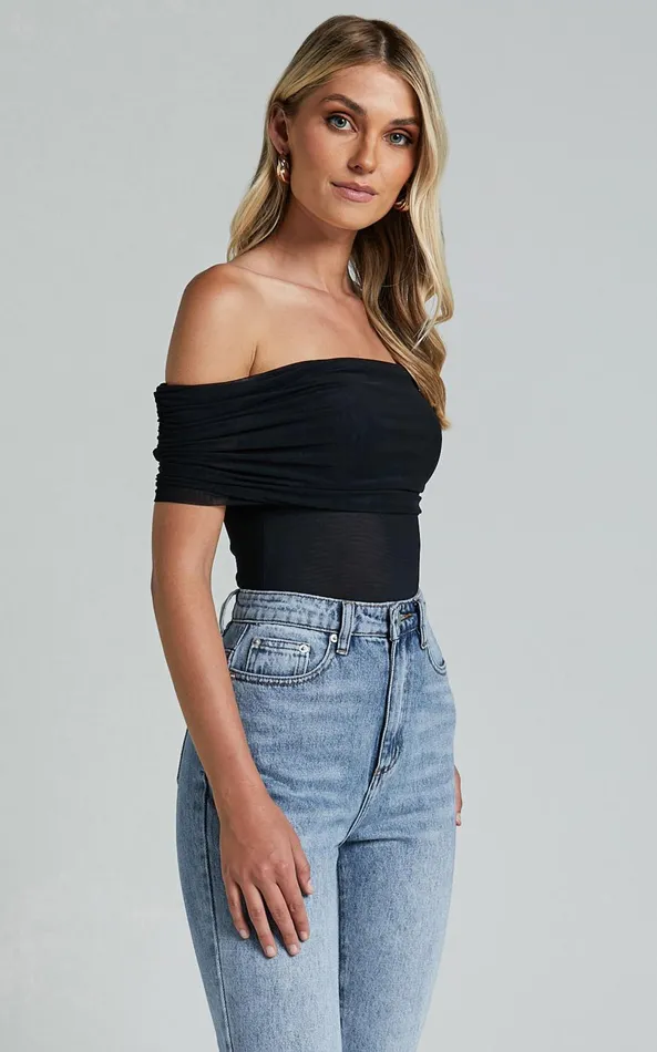 Showpo Maylene Bodysuit 8211 Ruched Off The Shoulder Mesh Bodysuit In Black Women Tops