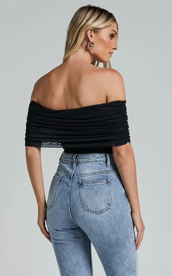 Showpo Maylene Bodysuit 8211 Ruched Off The Shoulder Mesh Bodysuit In Black Women Tops