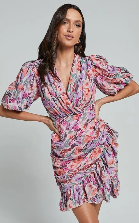 Showpo Mayslie Mini Dress 8211 Puff Sleeve Drape Dress In Monet Floral Women Dresses