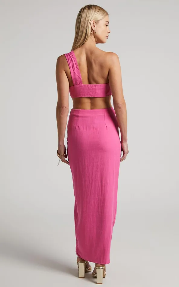 Showpo Mayson Two Piece Set 8211 One Shoulder Crop Top And Ruched Midi Skirt In Pink Women Curve Clothes