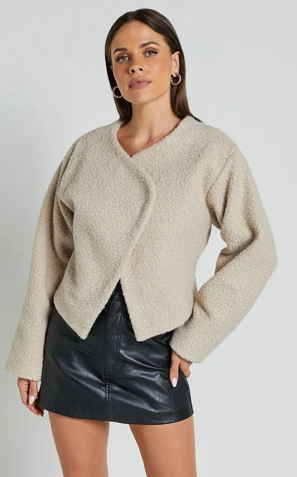 Showpo Mayvie Jacket 8211 Collarless Long Sleeve Wool Look Jacket In Beige Women Jackets and Coats Showpo Mayvie Jacket 8211 Collarless Long Sleeve Wool Look Jacket In Beige Women Jackets and Coats