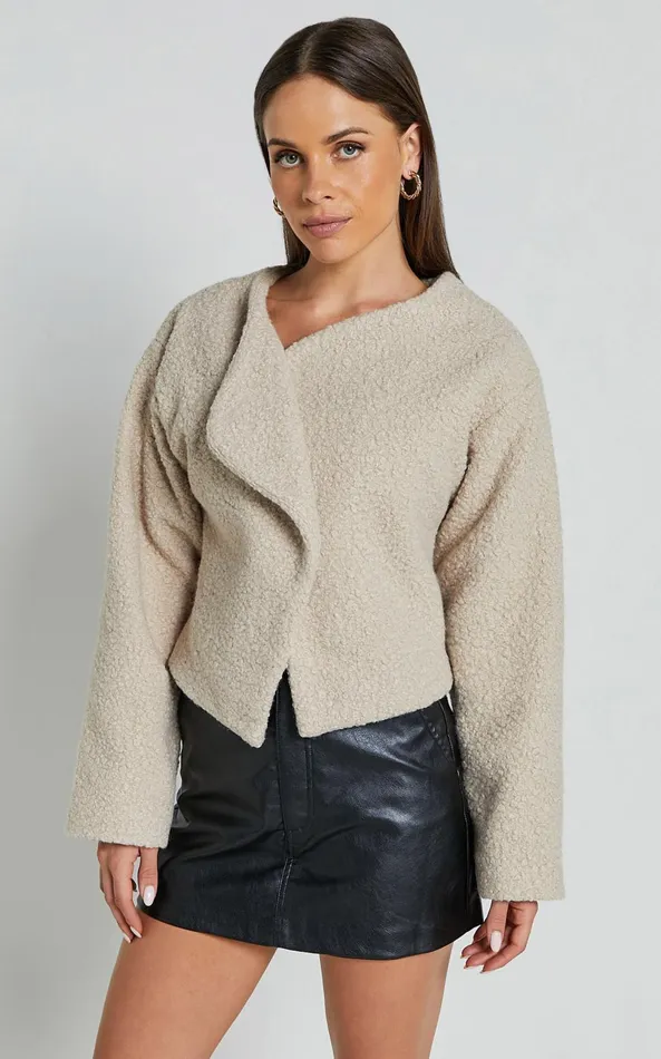 Showpo Mayvie Jacket 8211 Collarless Long Sleeve Wool Look Jacket In Beige Women Jackets and Coats