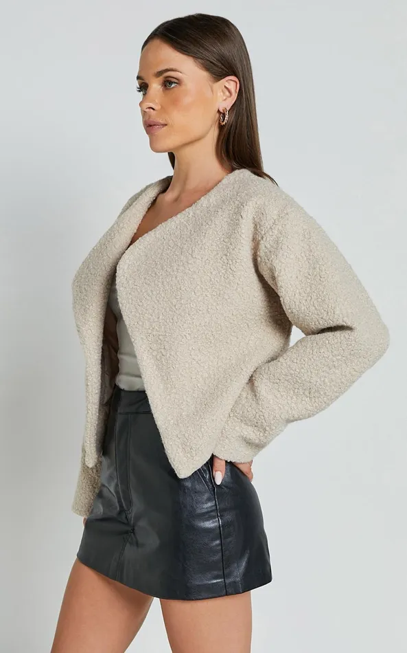 Showpo Mayvie Jacket 8211 Collarless Long Sleeve Wool Look Jacket In Beige Women Jackets and Coats