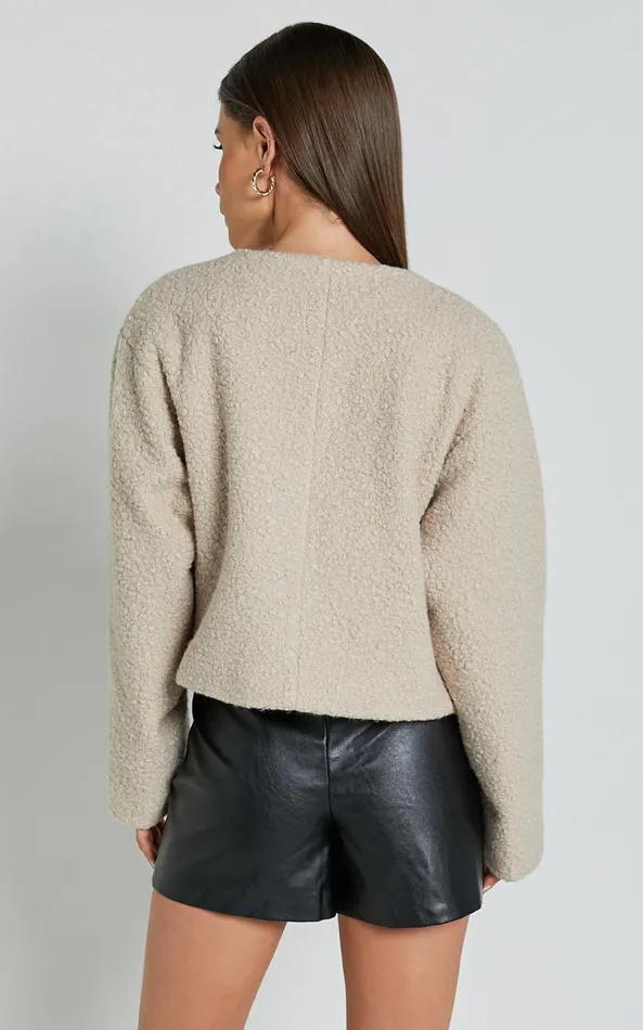 Showpo Mayvie Jacket 8211 Collarless Long Sleeve Wool Look Jacket In Beige Women Jackets and Coats