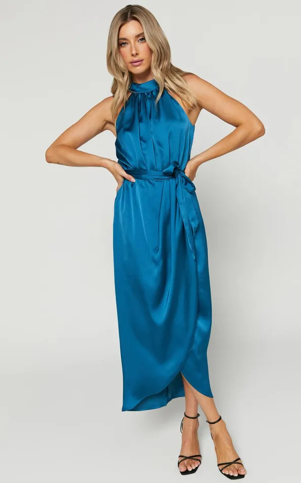 Showpo Mazzie Midi Dress 8211 High Neck Faux Wrap Satin Dress In Petrol Women Dresses Showpo Mazzie Midi Dress 8211 High Neck Faux Wrap Satin Dress In Petrol Women Dresses