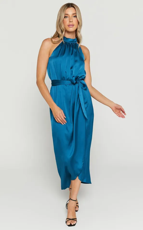 Showpo Mazzie Midi Dress 8211 High Neck Faux Wrap Satin Dress In Petrol Women Dresses