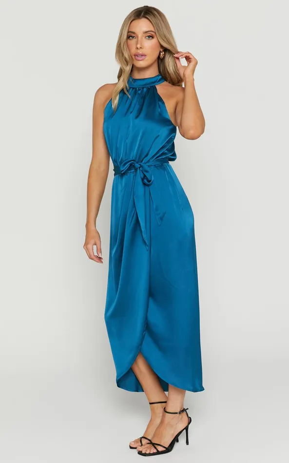 Showpo Mazzie Midi Dress 8211 High Neck Faux Wrap Satin Dress In Petrol Women Dresses
