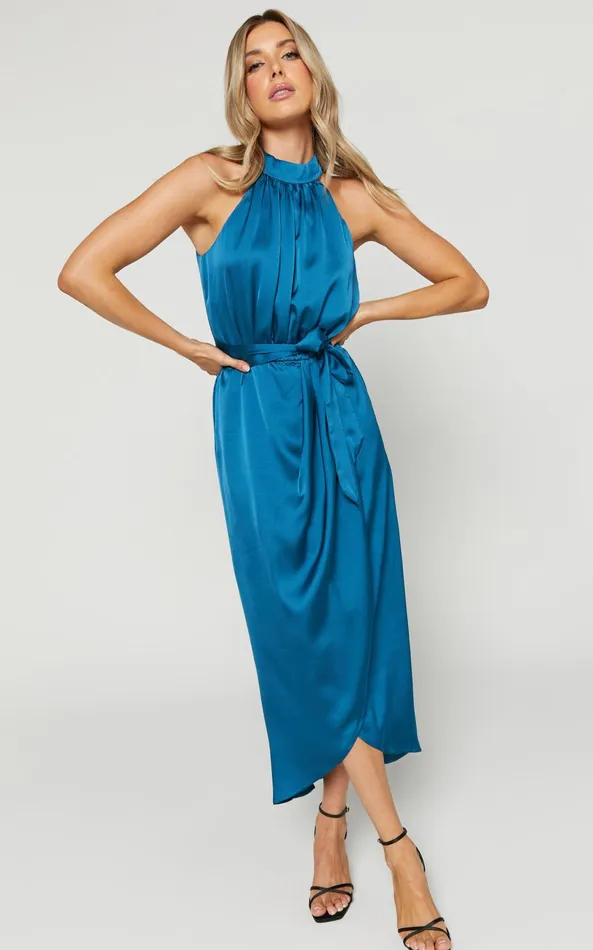 Showpo Mazzie Midi Dress 8211 High Neck Faux Wrap Satin Dress In Petrol Women Dresses