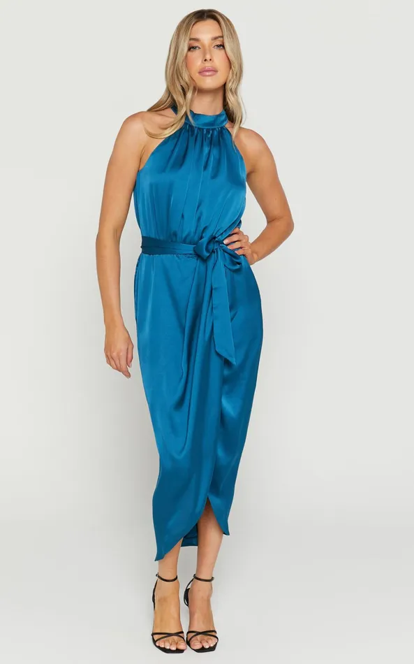 Showpo Mazzie Midi Dress 8211 High Neck Faux Wrap Satin Dress In Petrol Women Dresses