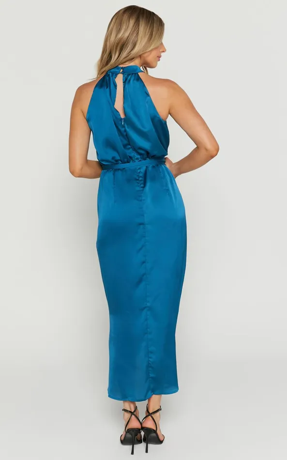 Showpo Mazzie Midi Dress 8211 High Neck Faux Wrap Satin Dress In Petrol Women Dresses