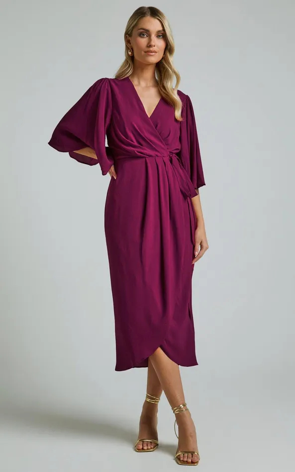 Showpo Meagan Midi Dress 8211 V Neck Flutter Sleeve Pleated Detail Wrap In Aubergine Women Dresses Showpo Meagan Midi Dress 8211 V Neck Flutter Sleeve Pleated Detail Wrap In Aubergine Women Dresses
