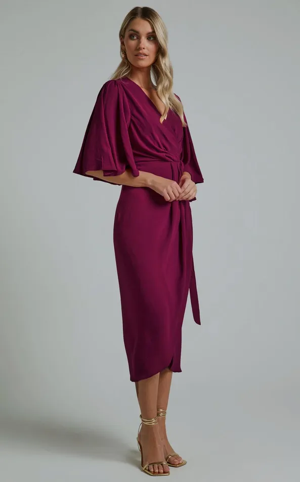 Showpo Meagan Midi Dress 8211 V Neck Flutter Sleeve Pleated Detail Wrap In Aubergine Women Dresses