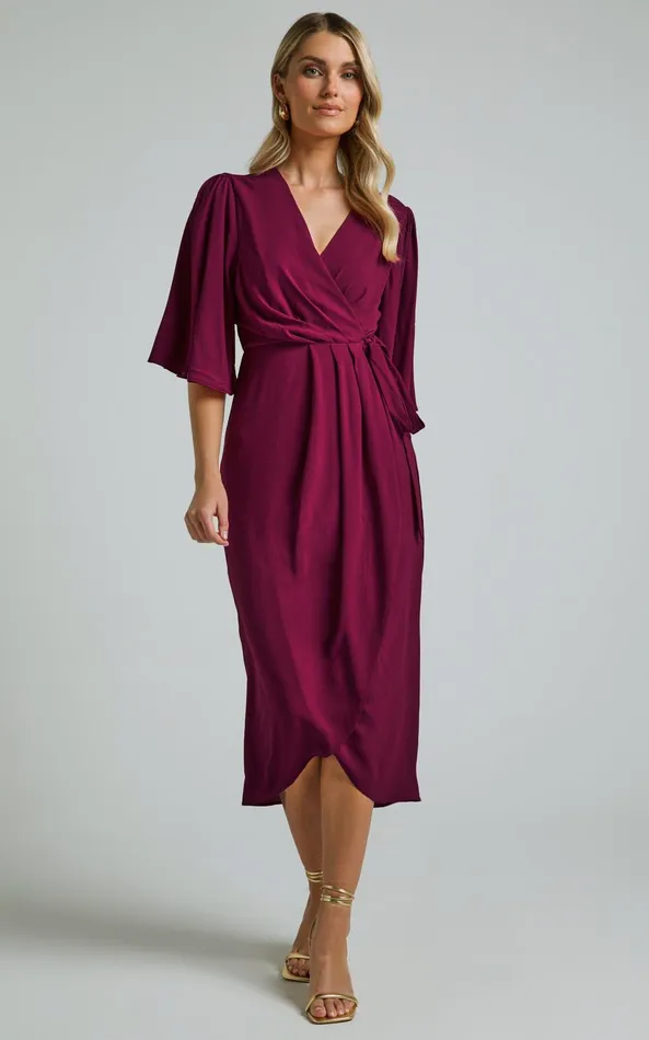 Showpo Meagan Midi Dress 8211 V Neck Flutter Sleeve Pleated Detail Wrap In Aubergine Women Dresses