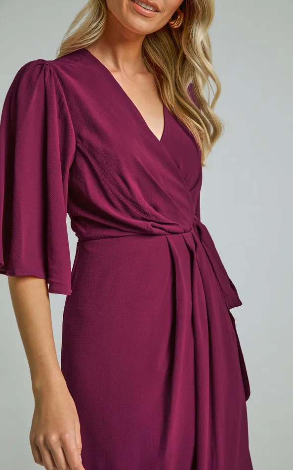 Showpo Meagan Midi Dress 8211 V Neck Flutter Sleeve Pleated Detail Wrap In Aubergine Women Dresses