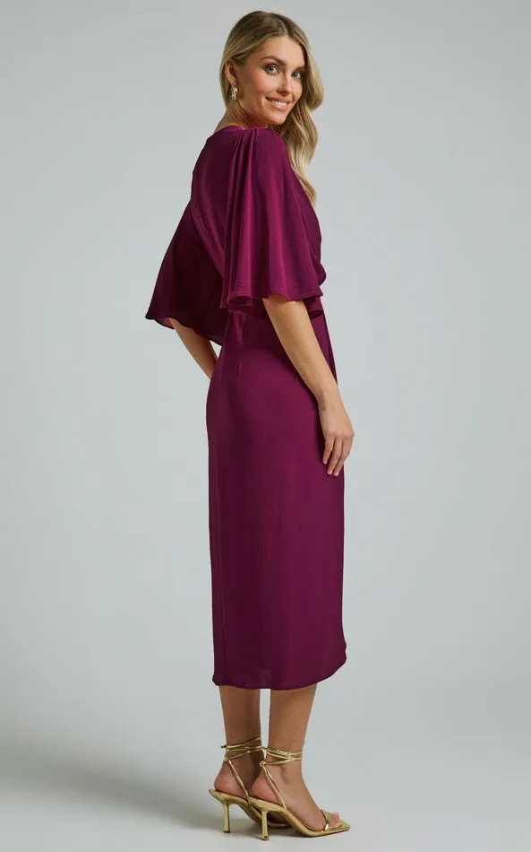 Showpo Meagan Midi Dress 8211 V Neck Flutter Sleeve Pleated Detail Wrap In Aubergine Women Dresses