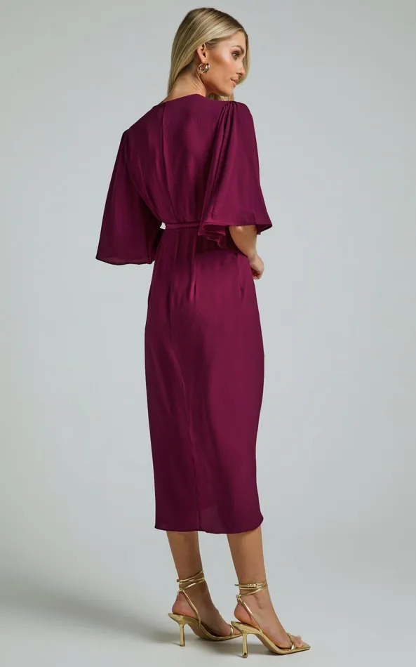 Showpo Meagan Midi Dress 8211 V Neck Flutter Sleeve Pleated Detail Wrap In Aubergine Women Dresses