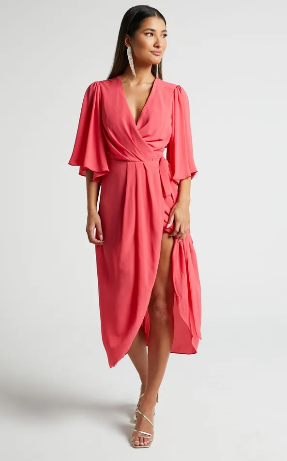 Showpo Meagan Midi Dress 8211 V Neck Flutter Sleeve Pleated Detail Wrap In Pink Women Dresses Showpo Meagan Midi Dress 8211 V Neck Flutter Sleeve Pleated Detail Wrap In Pink Women Dresses