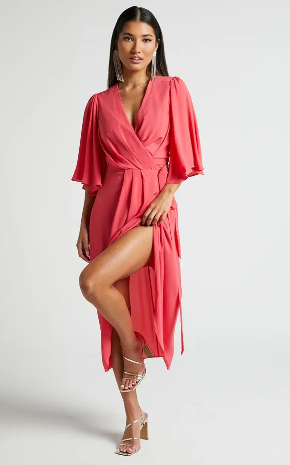 Showpo Meagan Midi Dress 8211 V Neck Flutter Sleeve Pleated Detail Wrap In Pink Women Dresses