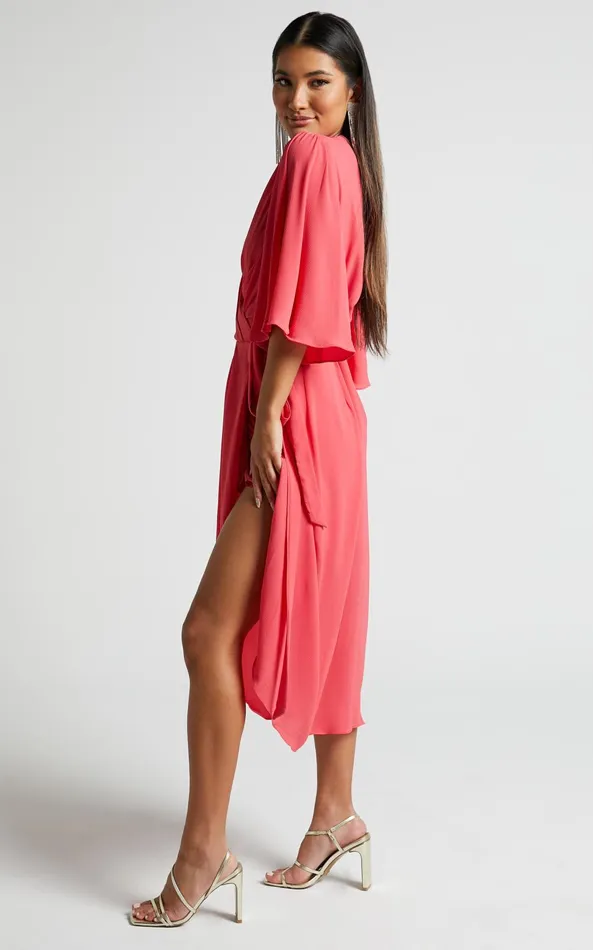 Showpo Meagan Midi Dress 8211 V Neck Flutter Sleeve Pleated Detail Wrap In Pink Women Dresses