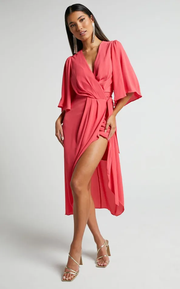 Showpo Meagan Midi Dress 8211 V Neck Flutter Sleeve Pleated Detail Wrap In Pink Women Dresses