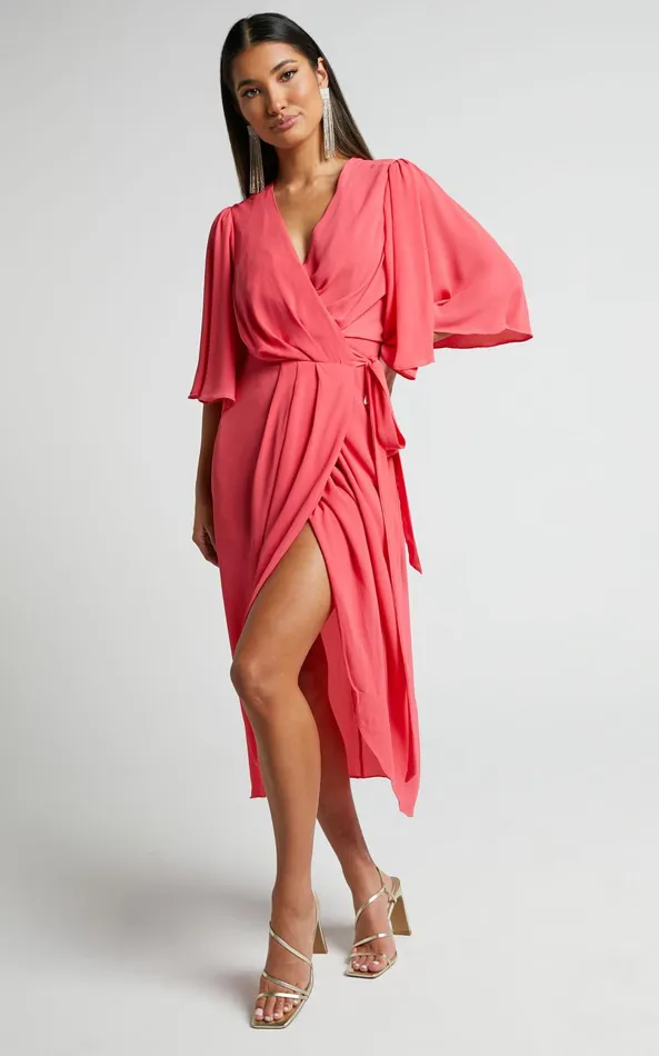 Showpo Meagan Midi Dress 8211 V Neck Flutter Sleeve Pleated Detail Wrap In Pink Women Dresses