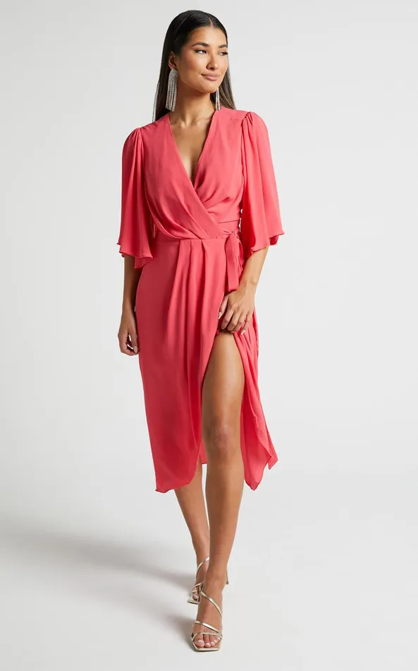 Showpo Meagan Midi Dress 8211 V Neck Flutter Sleeve Pleated Detail Wrap In Pink Women Dresses