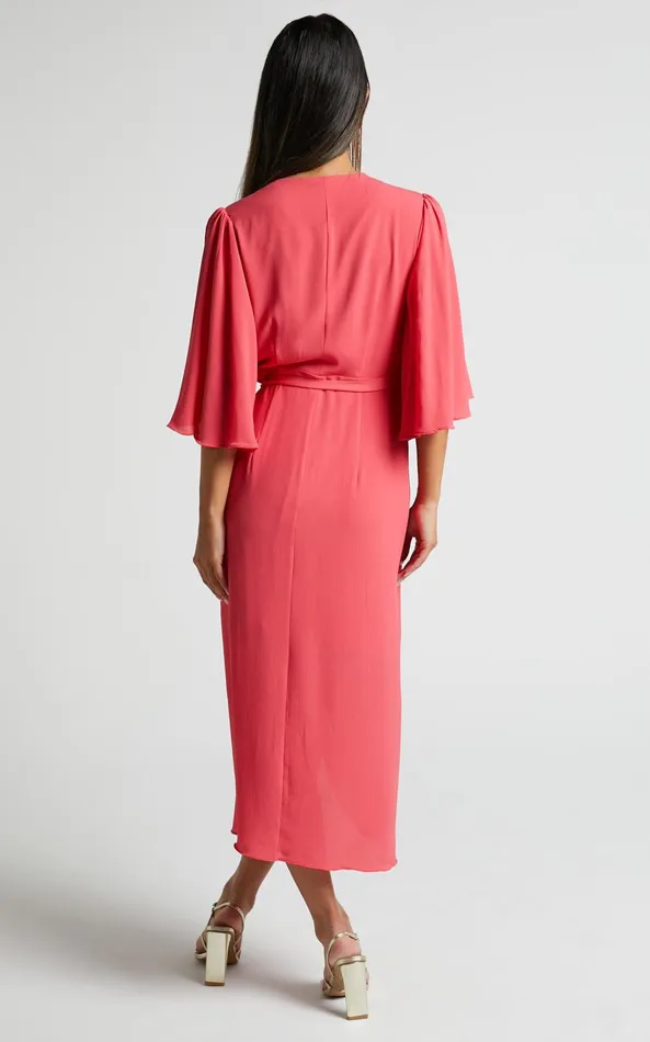 Showpo Meagan Midi Dress 8211 V Neck Flutter Sleeve Pleated Detail Wrap In Pink Women Dresses
