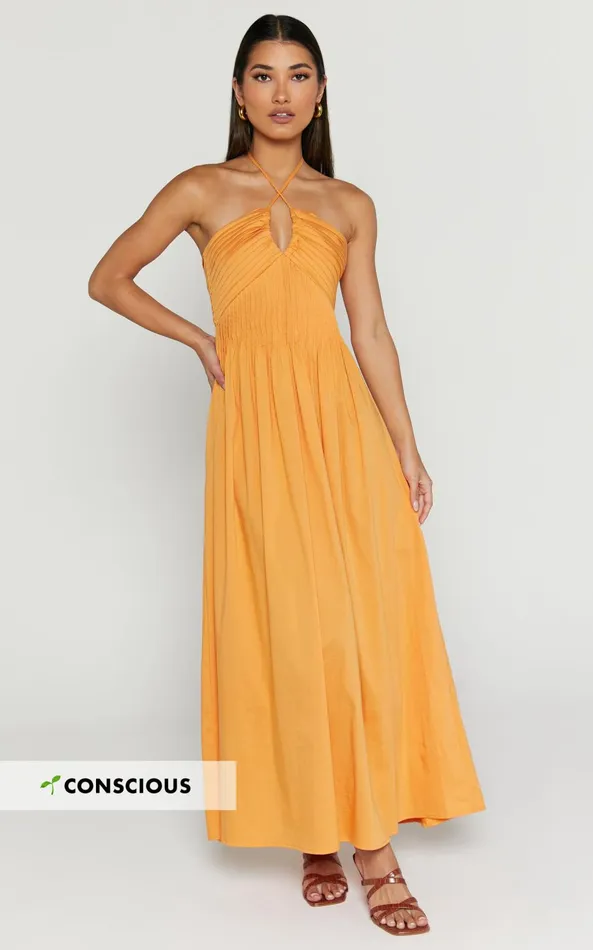 Showpo Meghan Midi Dress 8211 Pleat Detail Drop Waist Dress In Orange Women Dresses