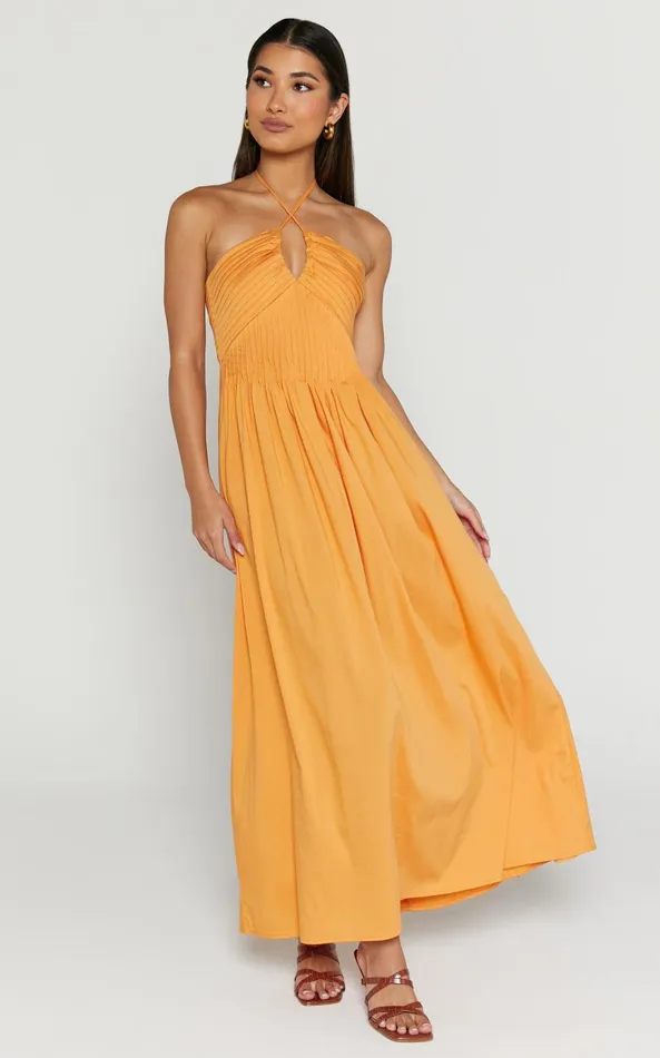 Showpo Meghan Midi Dress 8211 Pleat Detail Drop Waist Dress In Orange Women Dresses