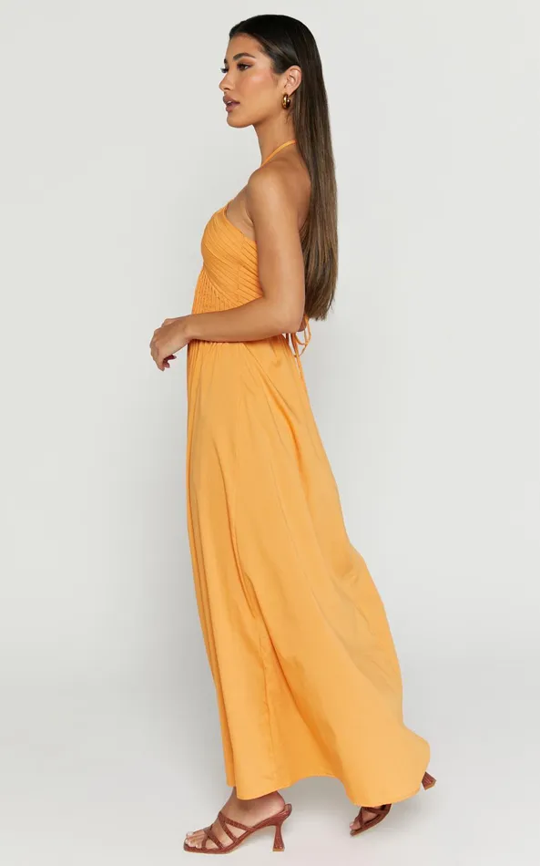 Showpo Meghan Midi Dress 8211 Pleat Detail Drop Waist Dress In Orange Women Dresses