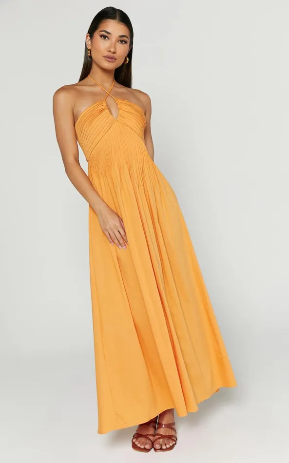 Showpo Meghan Midi Dress 8211 Pleat Detail Drop Waist Dress In Orange Women Dresses