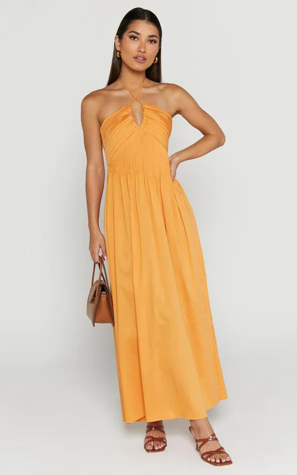 Showpo Meghan Midi Dress 8211 Pleat Detail Drop Waist Dress In Orange Women Dresses