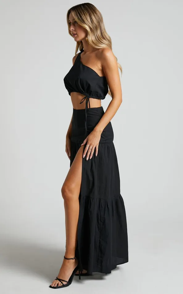 Showpo Meghan Two Piece Set 8211 One Shoulder Crop Top And Midi Skirt Set In Black Women Curve Clothes