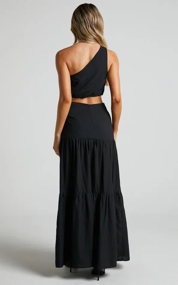 Showpo Meghan Two Piece Set 8211 One Shoulder Crop Top And Midi Skirt Set In Black Women Curve Clothes