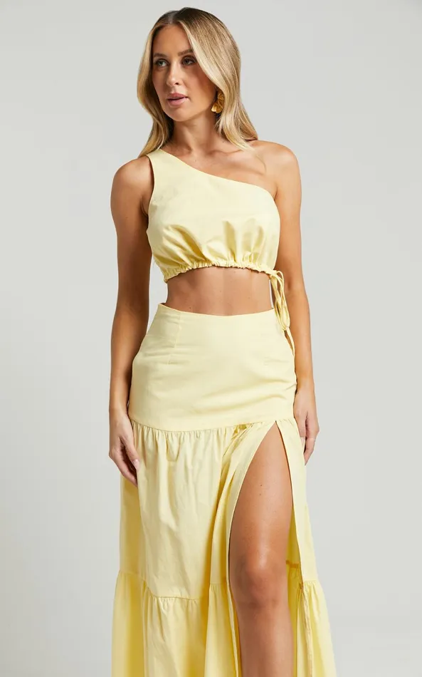 Showpo Meghan Two Piece Set 8211 One Shoulder Crop Top And Midi Skirt Set In Butter Women Curve Clothes