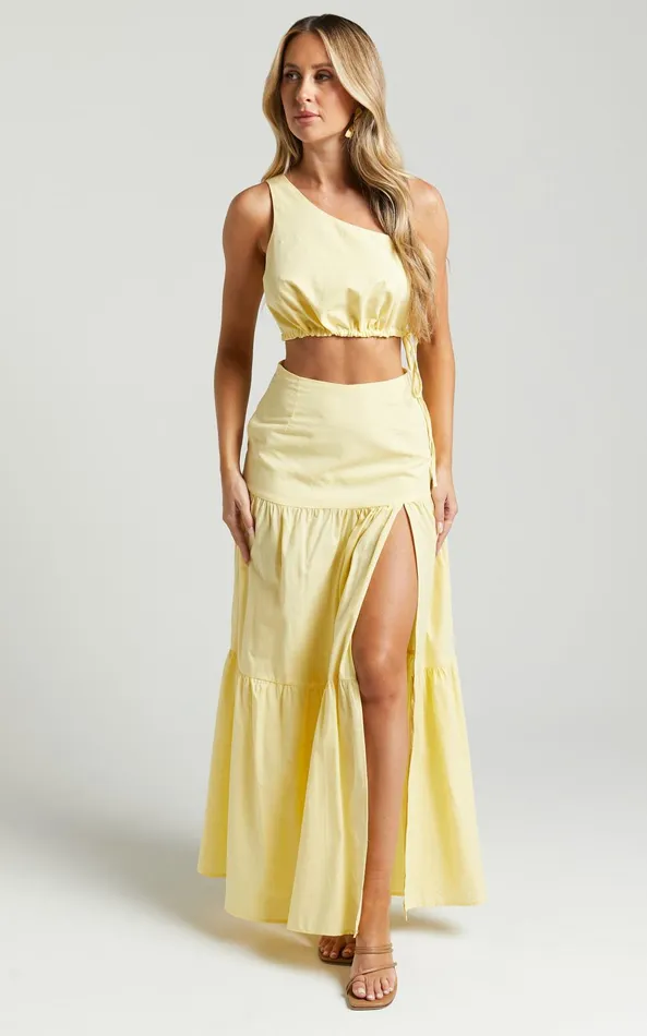 Showpo Meghan Two Piece Set 8211 One Shoulder Crop Top And Midi Skirt Set In Butter Women Curve Clothes