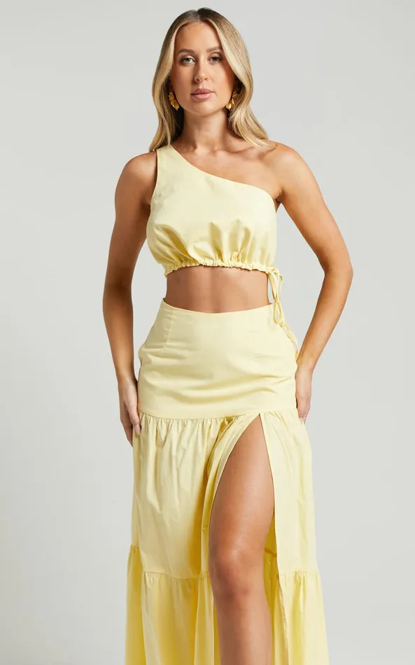 Showpo Meghan Two Piece Set 8211 One Shoulder Crop Top And Midi Skirt Set In Butter Women Curve Clothes