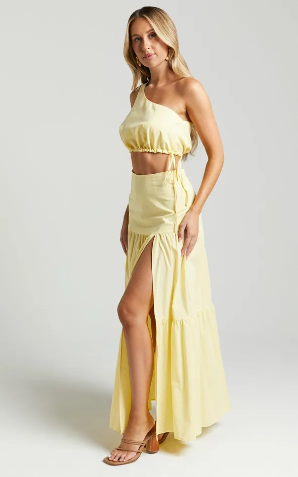 Showpo Meghan Two Piece Set 8211 One Shoulder Crop Top And Midi Skirt Set In Butter Women Curve Clothes