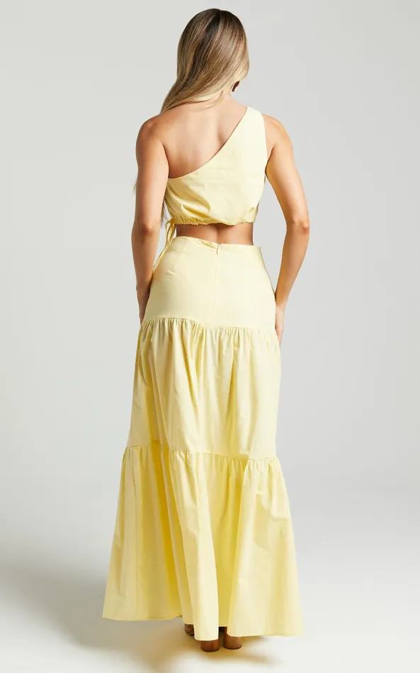 Showpo Meghan Two Piece Set 8211 One Shoulder Crop Top And Midi Skirt Set In Butter Women Curve Clothes