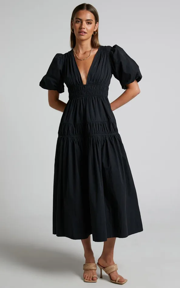 Showpo Mellie Midi Dress 8211 Puff Sleeve Plunge Tiered Dress In Black Women Curve Clothes Showpo Mellie Midi Dress 8211 Puff Sleeve Plunge Tiered Dress In Black Women Curve Clothes