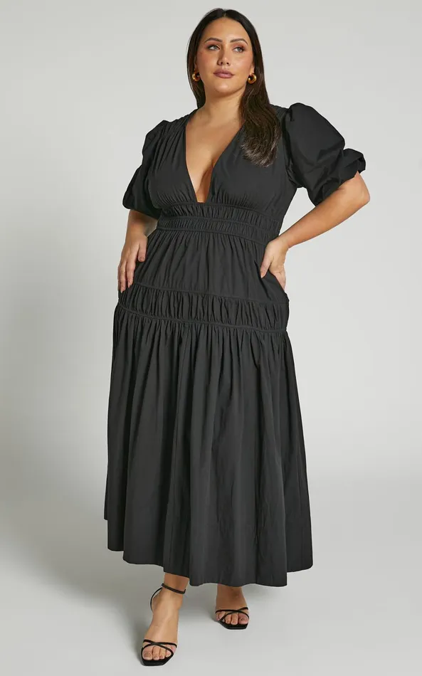 Showpo Mellie Midi Dress 8211 Puff Sleeve Plunge Tiered Dress In Black Women Curve Clothes