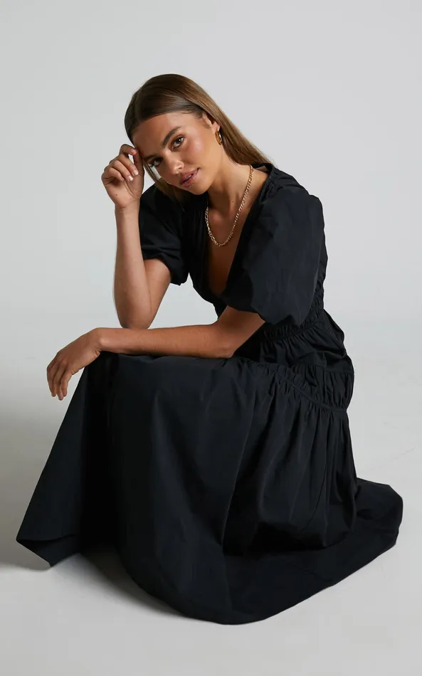 Showpo Mellie Midi Dress 8211 Puff Sleeve Plunge Tiered Dress In Black Women Curve Clothes