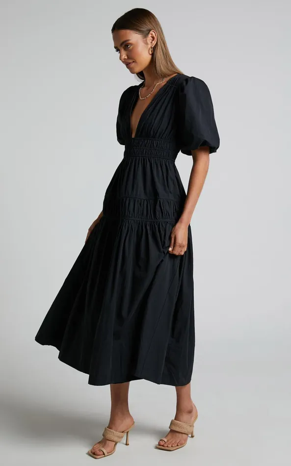 Showpo Mellie Midi Dress 8211 Puff Sleeve Plunge Tiered Dress In Black Women Curve Clothes