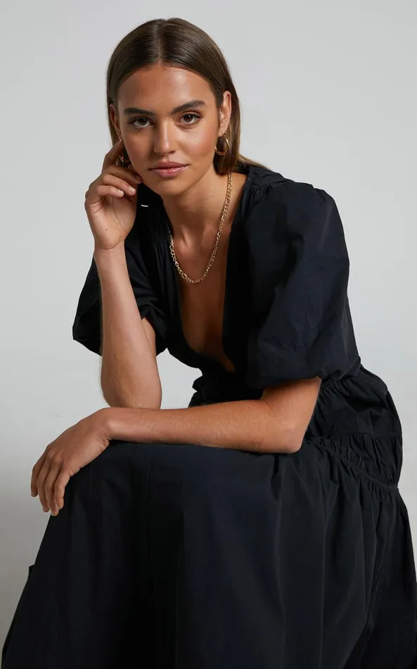 Showpo Mellie Midi Dress 8211 Puff Sleeve Plunge Tiered Dress In Black Women Curve Clothes