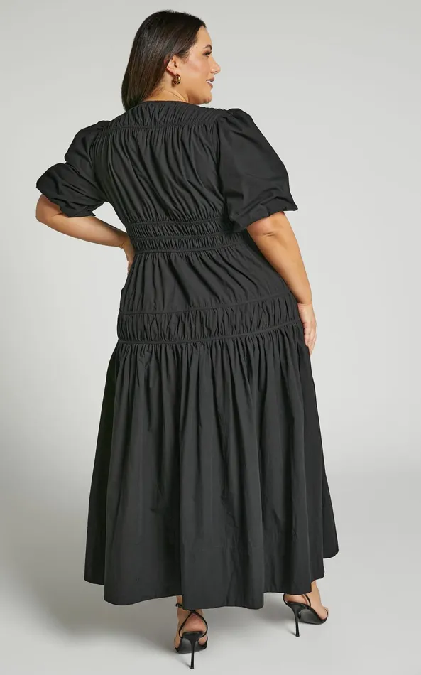 Showpo Mellie Midi Dress 8211 Puff Sleeve Plunge Tiered Dress In Black Women Curve Clothes